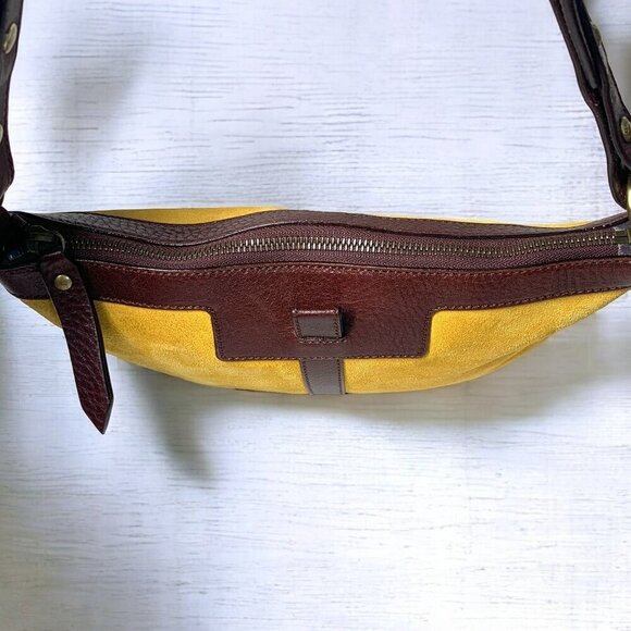 Burberry Suede & Leather Hobo Shoulder Bag Mustard Yellow Dark Brown 10"x8"x2" - Picture 9 of 13